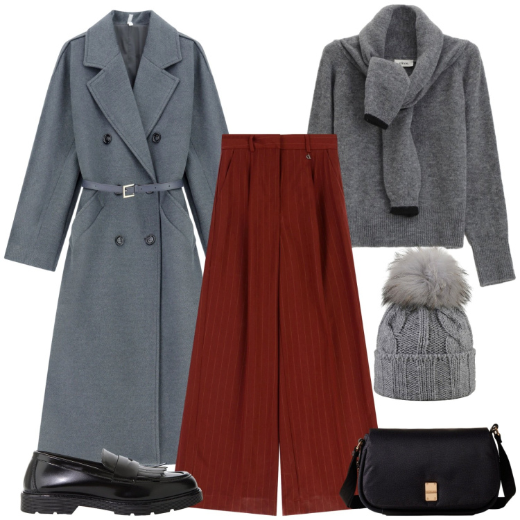 Outfit donna - Inverno in arrivo. Stile Urban per Tutti i giorni. Abbinamento con cappotti, borse a tracolla, maglieria, mocassini, pantaloni a palazzo, berretti.