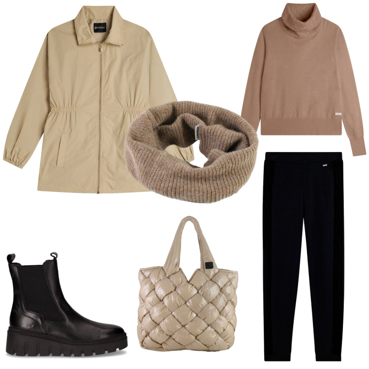 Outfit donna - Chic sotto la pioggia. Stile Casual chic per Tutti i giorni. Abbinamento con pantaloni, maglieria, parka, borse tote, scaldacollo, stivaletti chelsea.