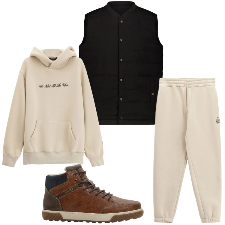 Outfit uomo - Comodità all day. Stile Casual per Tutti i giorni. Abbinamento con sneakers alte, felpe con cappuccio, pantaloni, piumini.