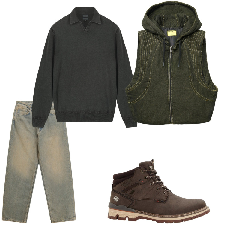Outfit uomo - Il denim delavé. Stile Casual per Tutti i giorni. Abbinamento con stivali e stivaletti, gilet, jeans, maglieria.