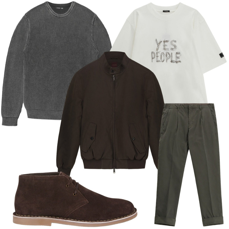 Outfit uomo - Guardaroba contemporaneo. Stile Casual per Tutti i giorni. Abbinamento con maglieria, pantaloni chino, t-shirt, stivali e stivaletti, bomber.