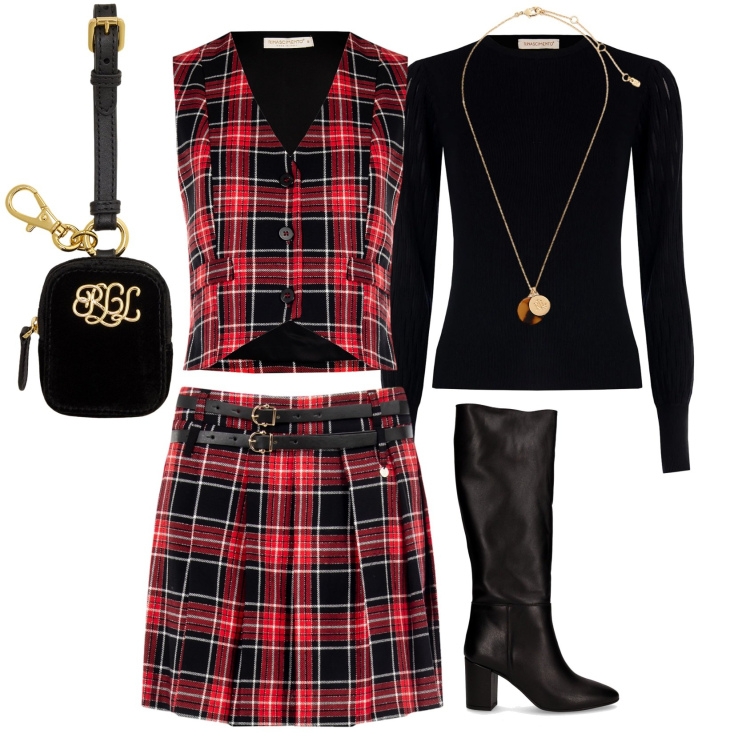 Outfit donna - Autunno scottish. Stile Casual chic per Tutti i giorni. Abbinamento con pullovers, minigonne, gilet, collane, pochette, stivali.