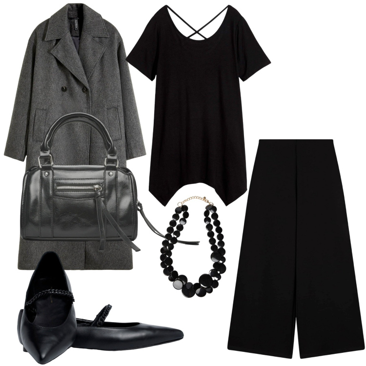 Outfit donna - Creative Office. Stile Minimal per Ufficio. Abbinamento con maglieria, cappotti, pantaloni culotte, borse a mano, ballerine, collane.