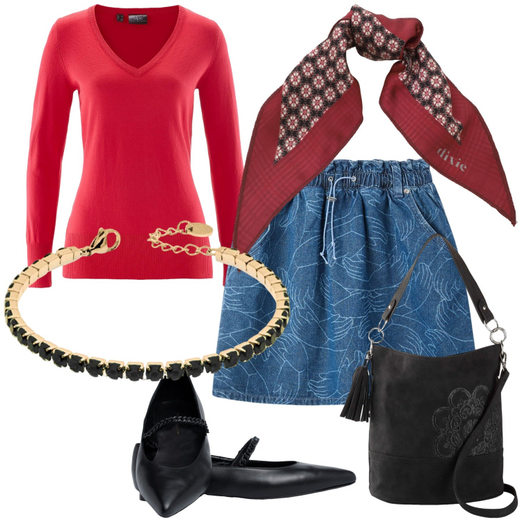 Outfit donna - La mini in jeans stampata. Stile Trendy per Tutti i giorni. Abbinamento con maglieria, borse a mano, minigonne, braccialetti, foulard, ballerine.