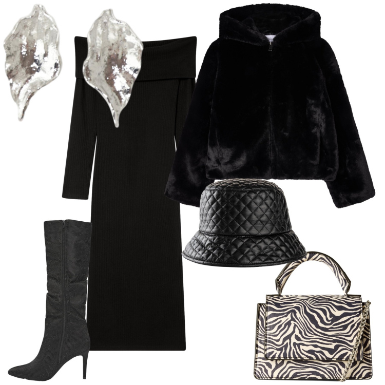 Outfit donna - Total look. Stile Chic per Serata fuori. Abbinamento con cappelli con visiera, vestiti lunghi, borse a tracolla, stivali, ecopellicce, orecchini.