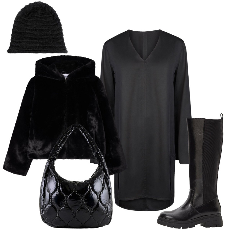 Outfit donna - In città. Stile Chic per Tutti i giorni. Abbinamento con stivali, berretti, ecopellicce, borse tote, vestiti a tubino.