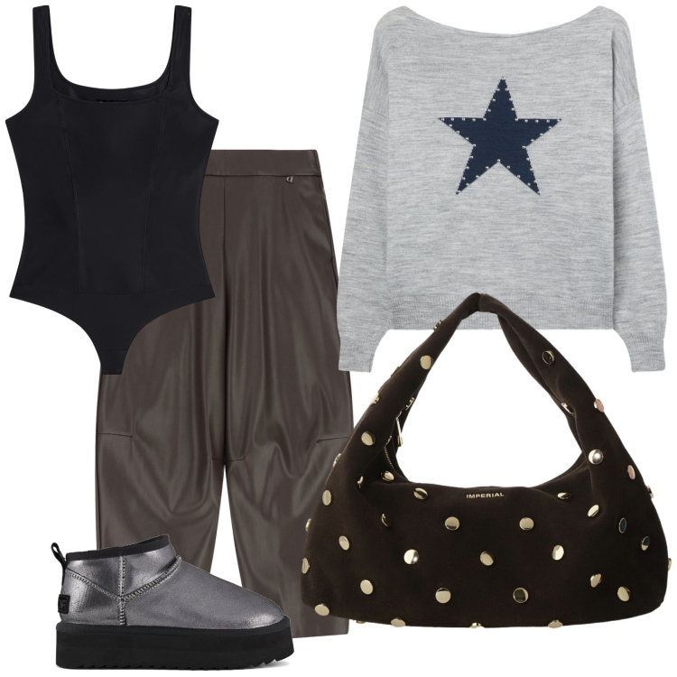 Outfit donna - Sera da amici. Stile Trendy per Serata fuori. Abbinamento con maglieria, borse a spalla, pantaloni, body, stivaletti.