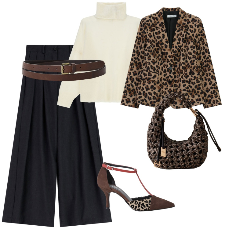 Outfit donna - Affari di lavoro. per Ufficio. Abbinamento con blazer, maglieria, décolleté, cinture, pantaloni a palazzo, borse a mano.