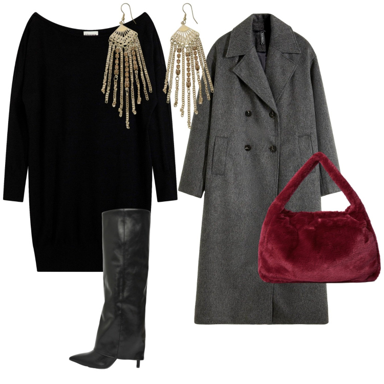 Outfit donna - Uscita di noi. per Serata fuori. Abbinamento con vestiti asimmetrici, cappotti, stivali, orecchini, borse a spalla.