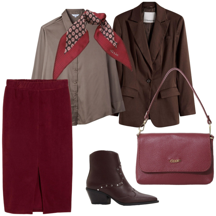 Outfit donna - Oggi così. per Tutti i giorni. Abbinamento con stivaletti texani, gonne longuette, blazer, camicie, borse a tracolla, foulard.