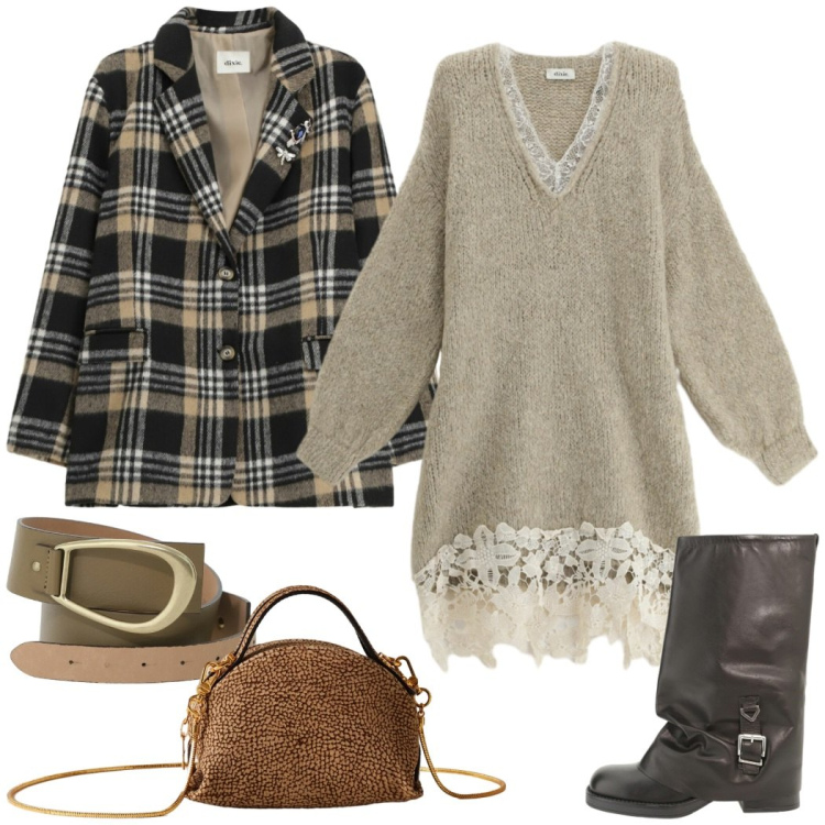 Outfit donna - Irresistibile a novembre. Stile Glamour per Serata fuori. Abbinamento con vestiti corti, stivali, cinture, blazer, borse a mano.