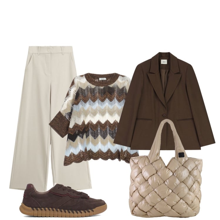 Outfit donna - Total look #2291347. Stile Casual chic per Tutti i giorni. Abbinamento con pantaloni a palazzo, maglieria, blazer, borse tote, sneakers.