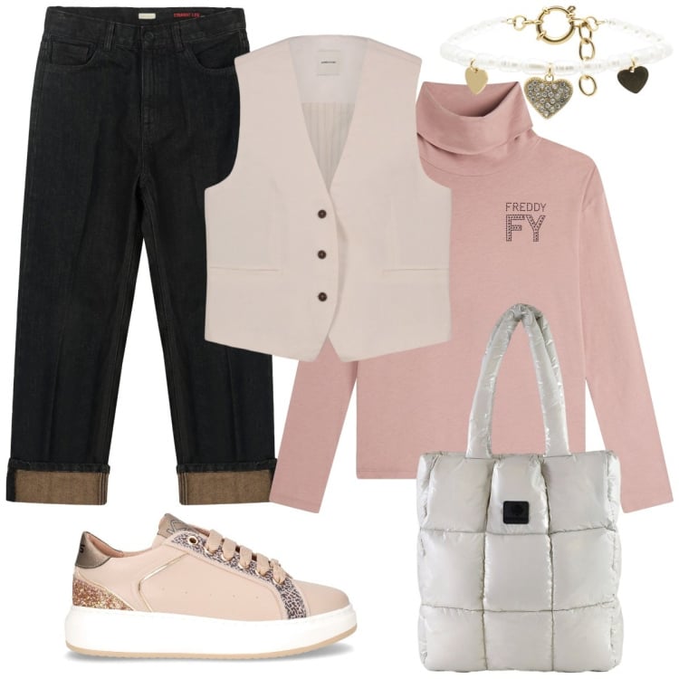 Outfit donna - Casual-chic a novembre. Stile Casual chic per Tutti i giorni. Abbinamento con braccialetti, t-shirt, shopping bag, jeans dritti, gilet, sneakers.