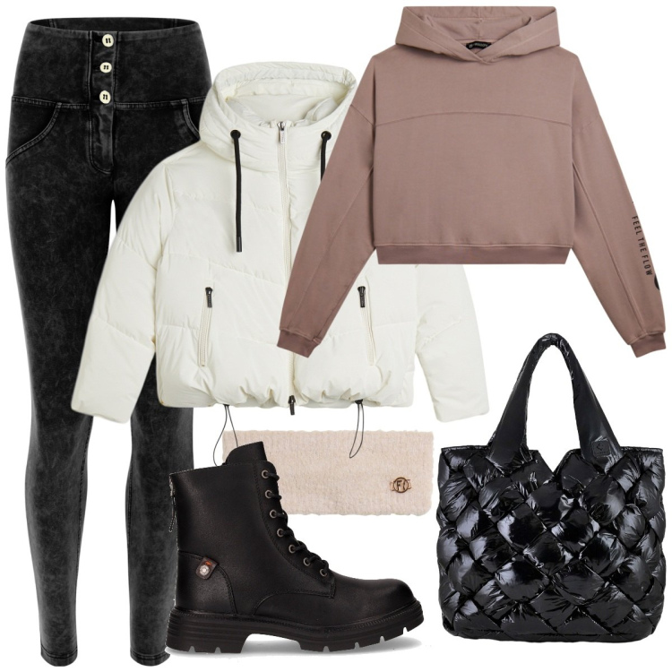 Outfit donna - Casual-chic a novembre. Stile Casual chic per Tutti i giorni. Abbinamento con pantaloni skinny, fasce per capelli, piumini, felpe con cappuccio, borse tote, anfibi.