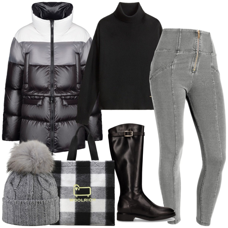 Outfit donna - Casual-chic a novembre. Stile Casual chic per Tutti i giorni. Abbinamento con jeggings, piumini, berretti, maglieria, borse tote, stivali.