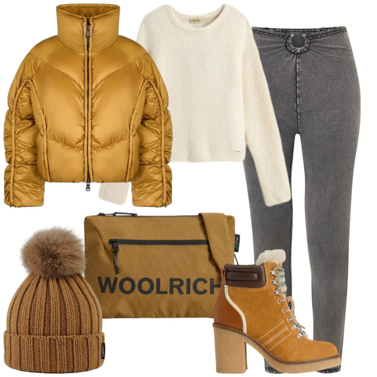 Outfit donna - Casual-chic a novembre. Stile Casual chic per Tutti i giorni. Abbinamento con jeggings, piumini, berretti, borse a tracolla, stivaletti, maglieria.