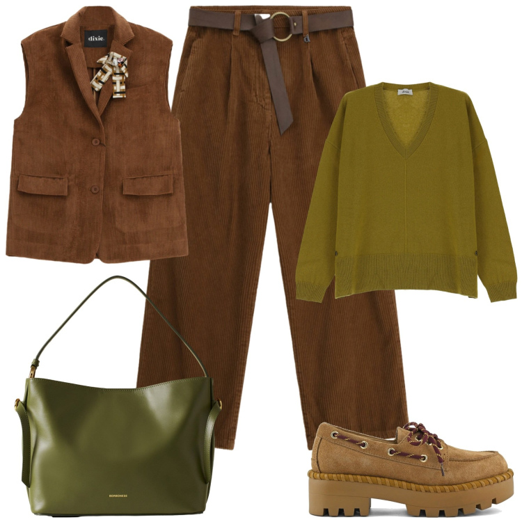 Outfit donna - Qualcosa in velluto. Stile Casual chic per Tutti i giorni. Abbinamento con borse a mano, pantaloni a palazzo, gilet, maglieria, mocassini.