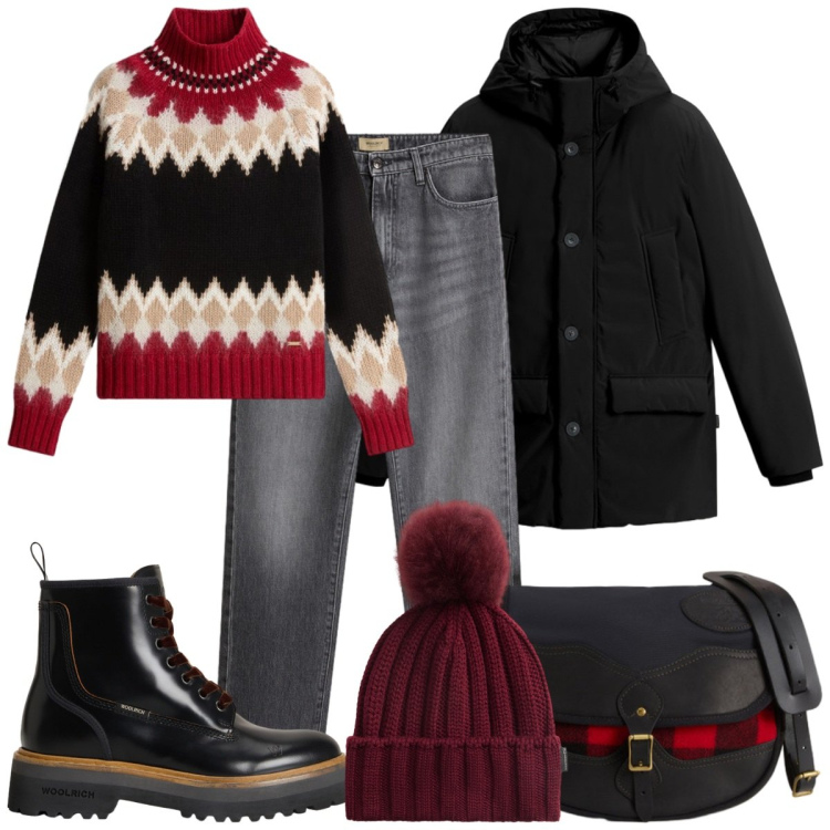 Outfit donna - Casual-chic a novembre. Stile Casual chic per Tutti i giorni. Abbinamento con anfibi, jeans, borse a tracolla, parka, maglieria, berretti.
