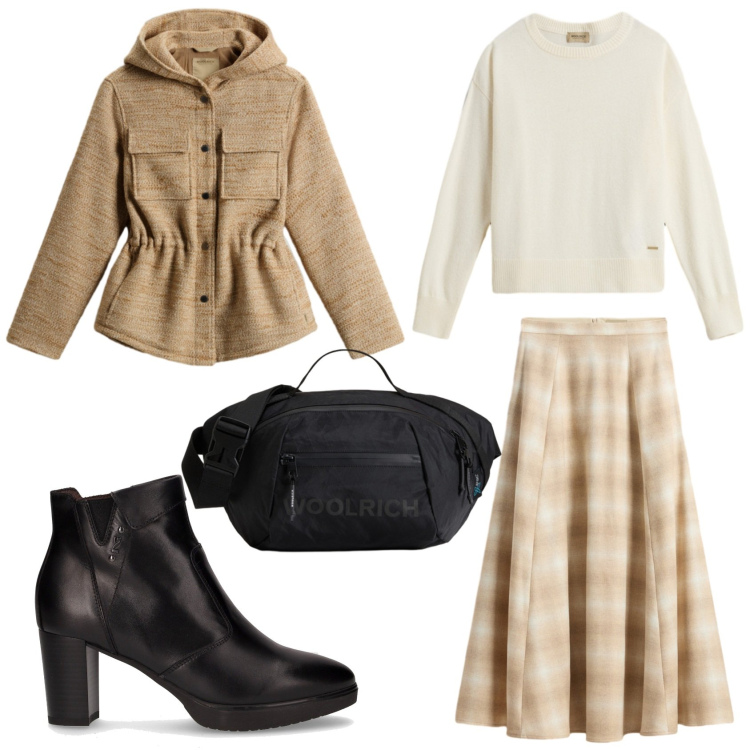 Outfit donna - Casual chic Woolrich. Stile Casual chic per Tutti i giorni. Abbinamento con blazer, borse a tracolla, gonne lunghe, maglieria, stivaletti.