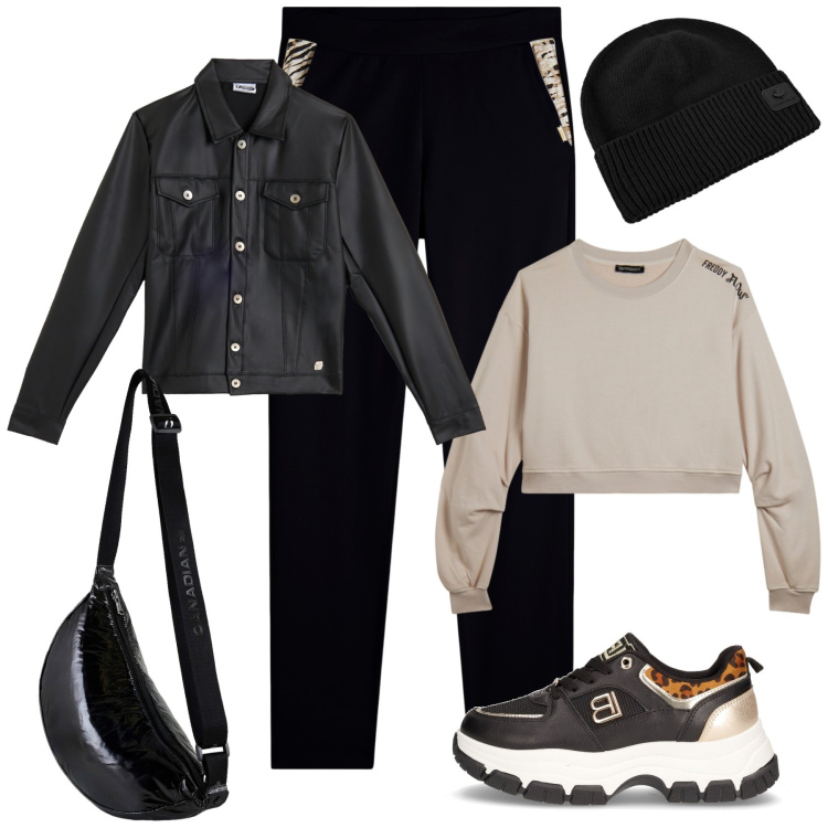 Outfit donna - Sporty chic autunnale. Stile Sporty chic per Tutti i giorni. Abbinamento con felpe, pantaloni, giacche, berretti, borse a tracolla, sneakers.