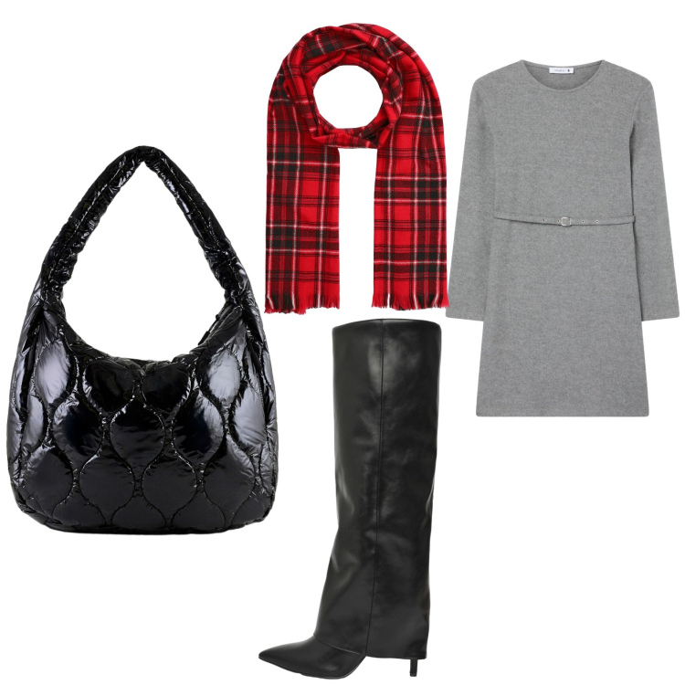 Outfit donna - Gli stivali ampi trend di stagione. Stile Chic per Ufficio. Abbinamento con vestiti midi/longuette, stivali, sciarpe, borse tote.