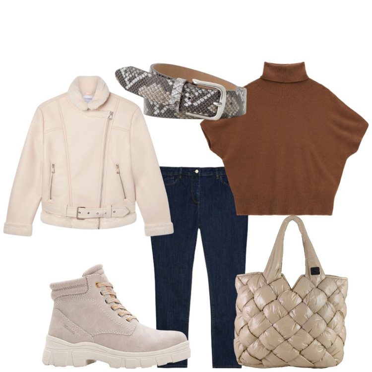 Outfit donna - Trendy con jeans e chiodo. Stile Trendy per Scuola/Università. Abbinamento con stivaletti, bomber, maglieria, cinture, borse tote, jeans skinny.