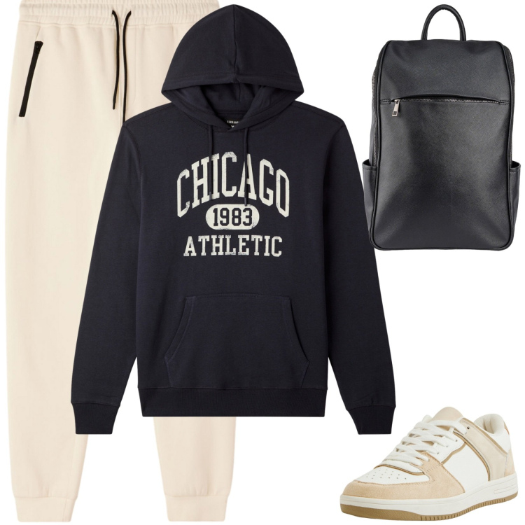 Outfit uomo - Weekend. Stile Urban per Tutti i giorni. Abbinamento con sneakers, pantaloni, felpe con cappuccio, borse sportive.