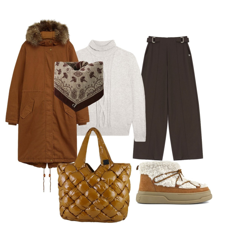 Outfit donna - Lo stivaletto super caldo. Stile Casual chic per Tutti i giorni. Abbinamento con parka, pantaloni a palazzo, foulard, maglieria, borse tote, stivaletti.