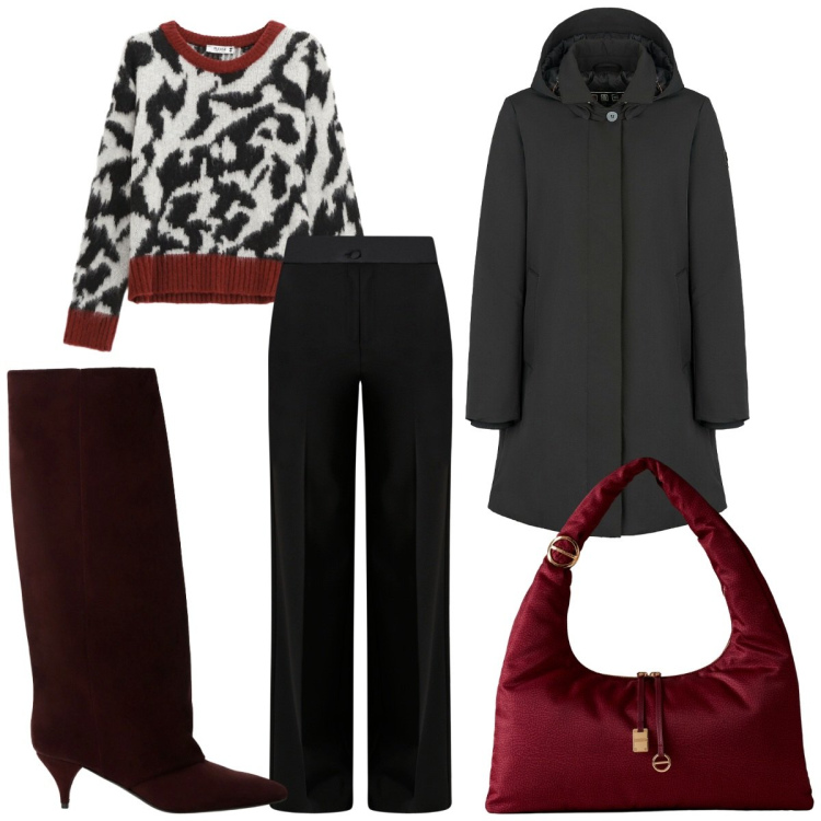 Outfit donna - Bordeaux per il 2025/2026. Stile Glamour per Serata fuori. Abbinamento con pullovers, pantaloni a palazzo, borse a spalla, stivali, eskimo.