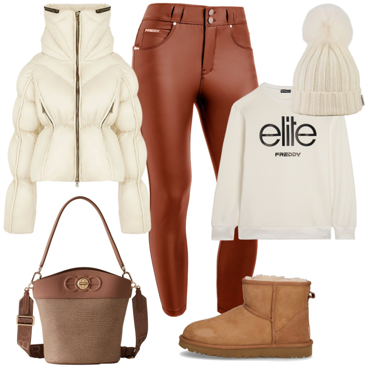 Outfit donna - Sporty chic in autunno. Stile Sporty chic per Tutti i giorni. Abbinamento con borse a secchiello, pantaloni skinny, felpe, piumini, berretti, stivaletti chelsea.