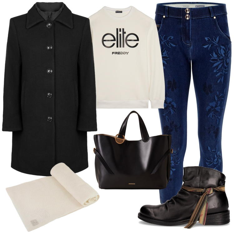 Outfit donna - Novembre sporty chic. Stile Sporty chic per Tutti i giorni. Abbinamento con shopping bag, jeans skinny, felpe, cappotti, sciarpe, stivaletti chelsea.