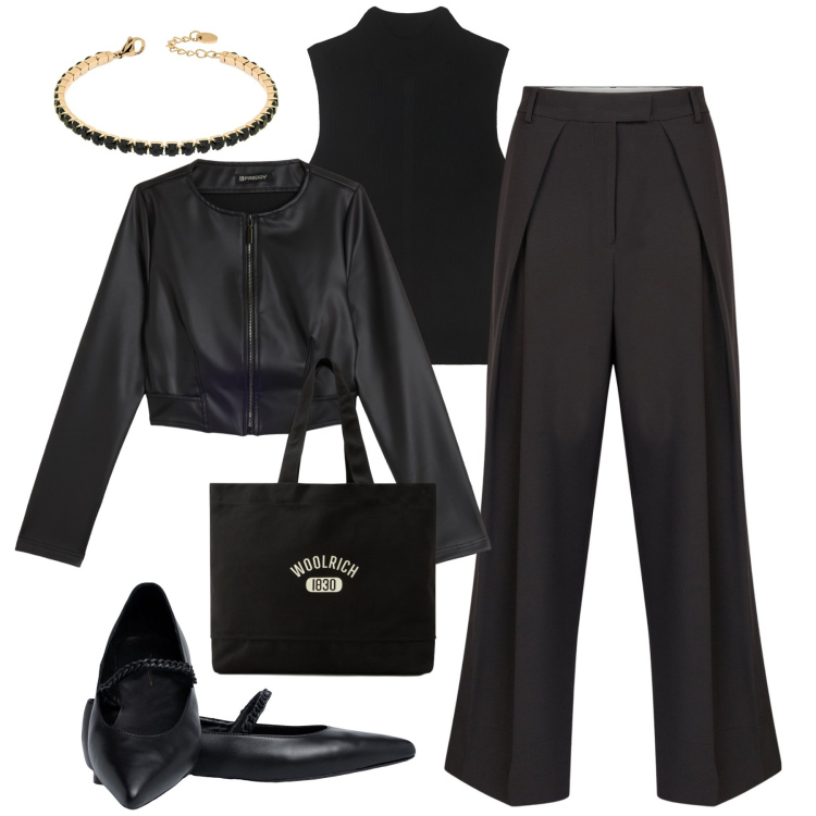 Outfit donna - Casual chic in black. Stile Casual chic per Tutti i giorni. Abbinamento con giacche, braccialetti, borse tote, ballerine, pantaloni, maglieria.