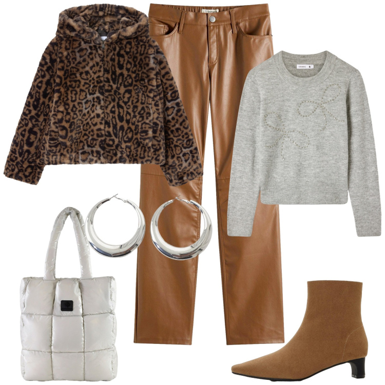 Outfit donna - In città. Stile Casual chic per Tutti i giorni. Abbinamento con stivaletti, pantaloni, ecopellicce, maglieria, orecchini, shopping bag.