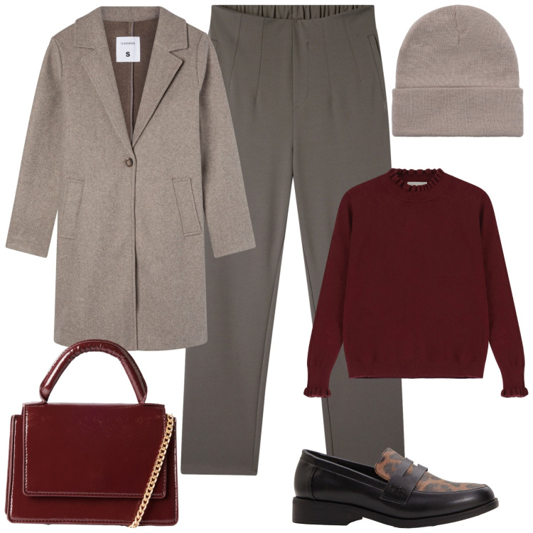 Outfit donna - In ufficio. Stile Mannish per Ufficio. Abbinamento con mocassini, pantaloni chino, cappotti, berretti, borse a tracolla, maglieria.