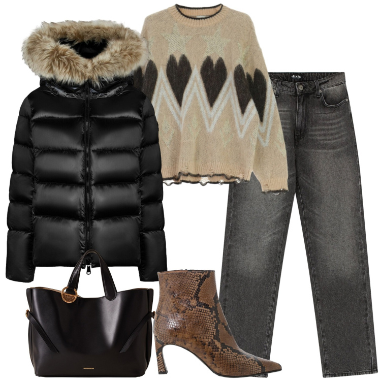 Outfit donna - Inverno in arrivo. Stile Casual chic per Tutti i giorni. Abbinamento con shopping bag, stivaletti, jeans dritti, maglieria, piumini.