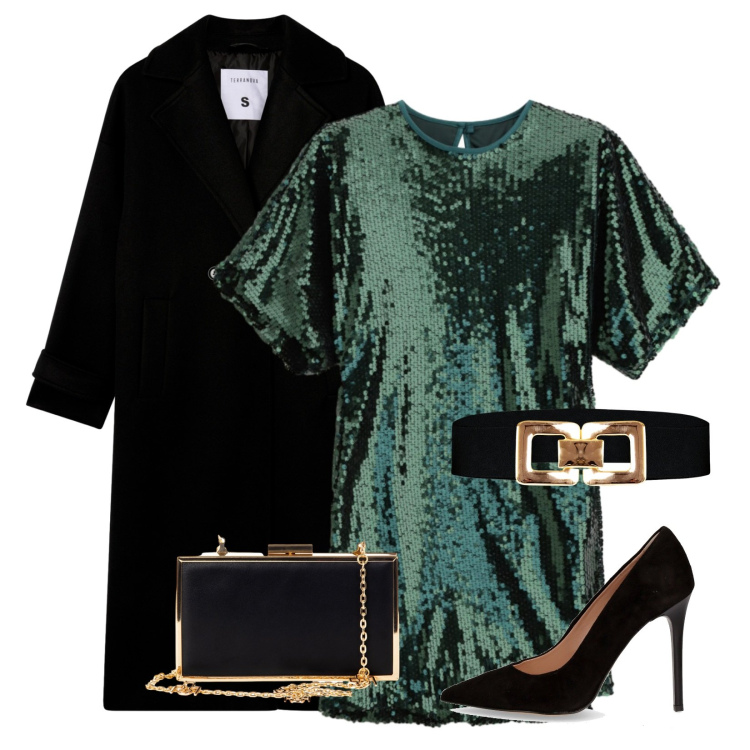 Outfit donna - Vestito con paillettes!. Stile Glamour per Serata fuori. Abbinamento con vestiti corti, cappotti, cinture, pochette, décolleté.