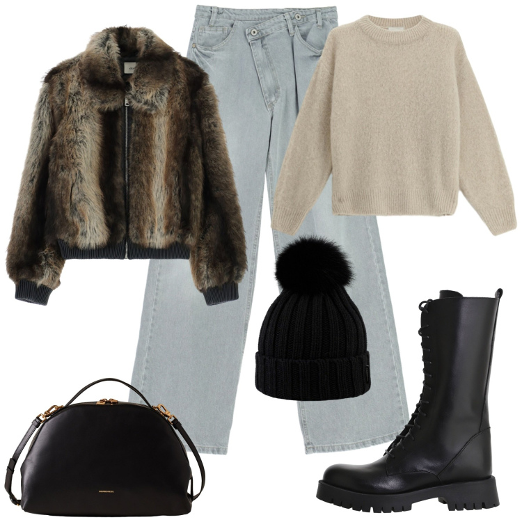 Outfit donna - In the city. Stile Trendy per Tutti i giorni. Abbinamento con pantaloni, borse a mano, blazer, stivali, maglieria, berretti.