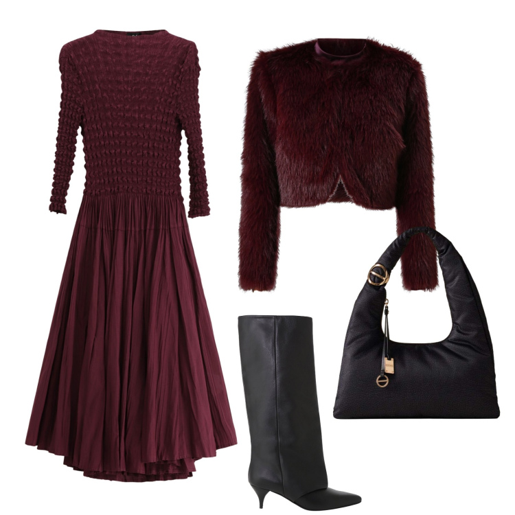 Outfit donna - Abito in primo piano. Stile Chic per Serata fuori. Abbinamento con blazer, borse a mano, stivali, vestiti midi/longuette.