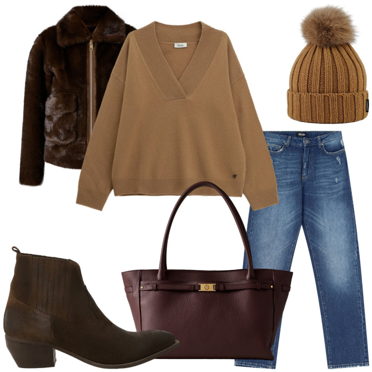 Outfit donna - Dicembre freddo. Stile Trendy per Tutti i giorni. Abbinamento con ecopellicce, maglieria, jeans dritti, shopping bag, stivaletti, berretti.