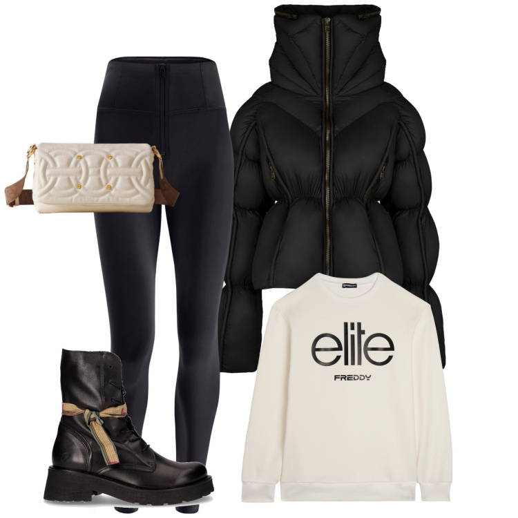 Outfit donna - Sere fredde. Stile Sporty chic per Tutti i giorni. Abbinamento con borse a tracolla, felpe, pantaloni skinny, piumini, anfibi.