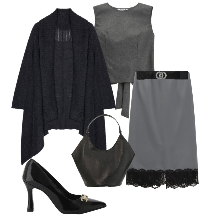 Outfit donna - Serata fuori. Stile Casual chic per Serata fuori. Abbinamento con top, cinture, décolleté, gonne longuette, borse a spalla, cardigans.