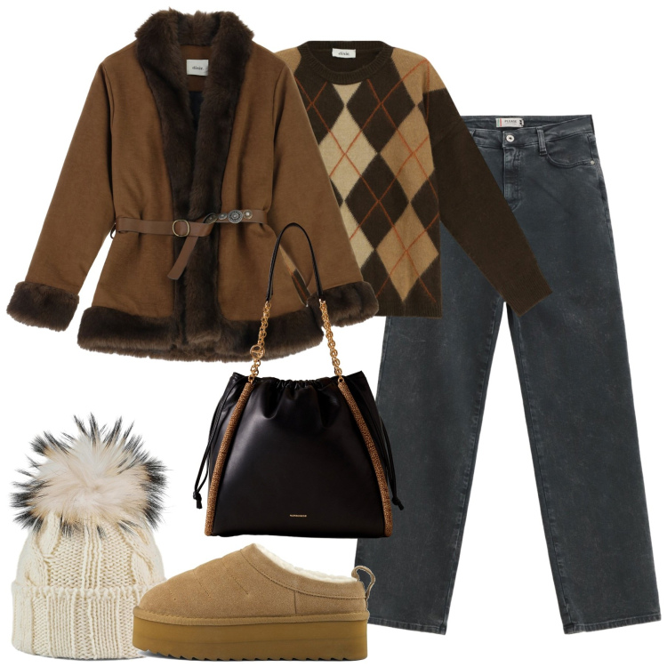 Outfit donna - Casual chic. Stile Casual chic per Tutti i giorni. Abbinamento con jeans dritti, shopping bag, maglieria, cinture, berretti, sabot.