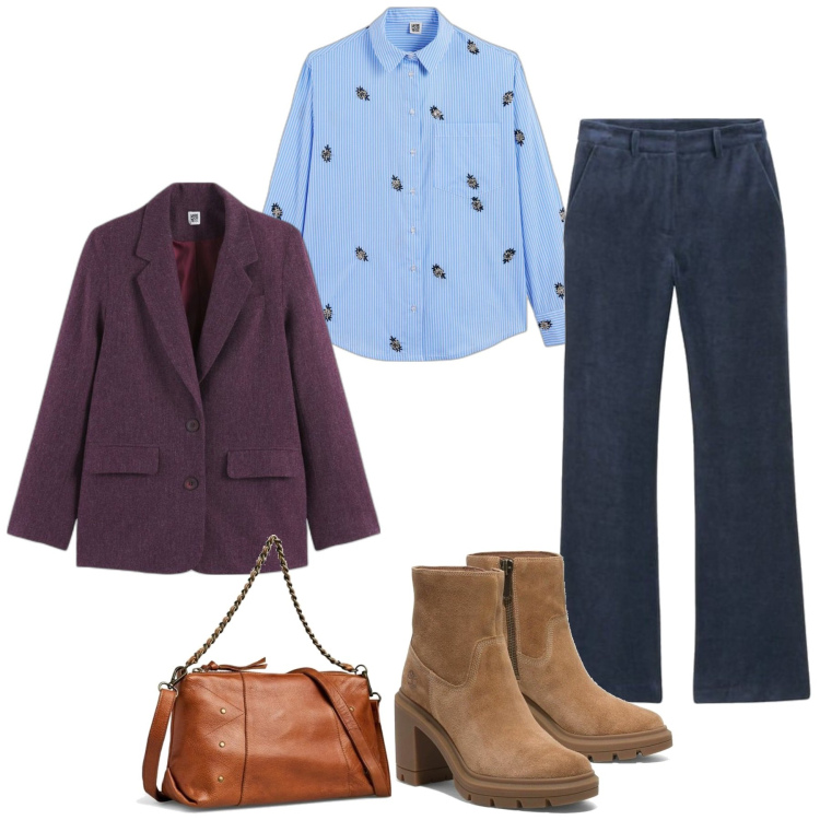 Outfit mujer - Casual chic #19147. Estilo Casual chic para Oficina. Combinación con botines, blazers, pantalones, camisas, bandoleras.