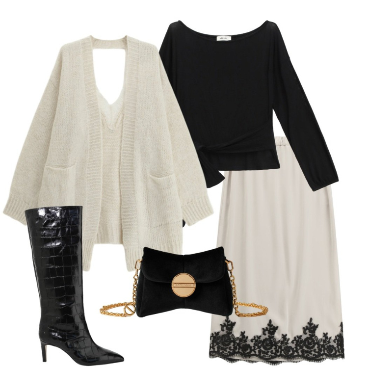 Outfit donna - Il mese del cardigan. Stile Chic per Serata fuori. Abbinamento con borse a tracolla, gonne, top, stivali, cardigans.