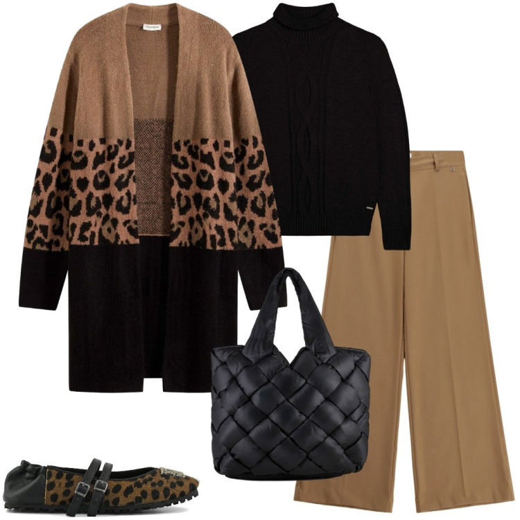 Outfit donna - Il mese del cardigan. Stile Casual chic per Tutti i giorni. Abbinamento con cardigans, maglieria, pantaloni a palazzo, borse tote, ballerine.