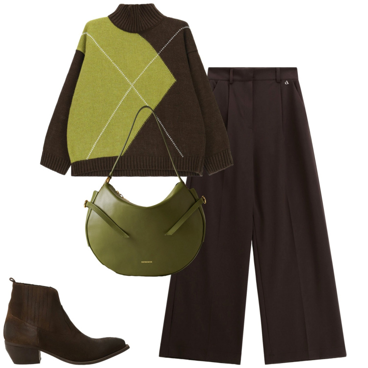 Outfit donna - City. Stile Casual chic per Tutti i giorni. Abbinamento con maglieria, borse a spalla, pantaloni a palazzo, stivaletti.