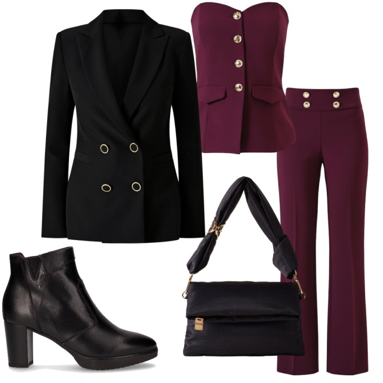 Outfit donna - Glamour a novembre. Stile Etnico per Cerimonia. Abbinamento con blazer, pantaloni, top, borse a tracolla, stivaletti.