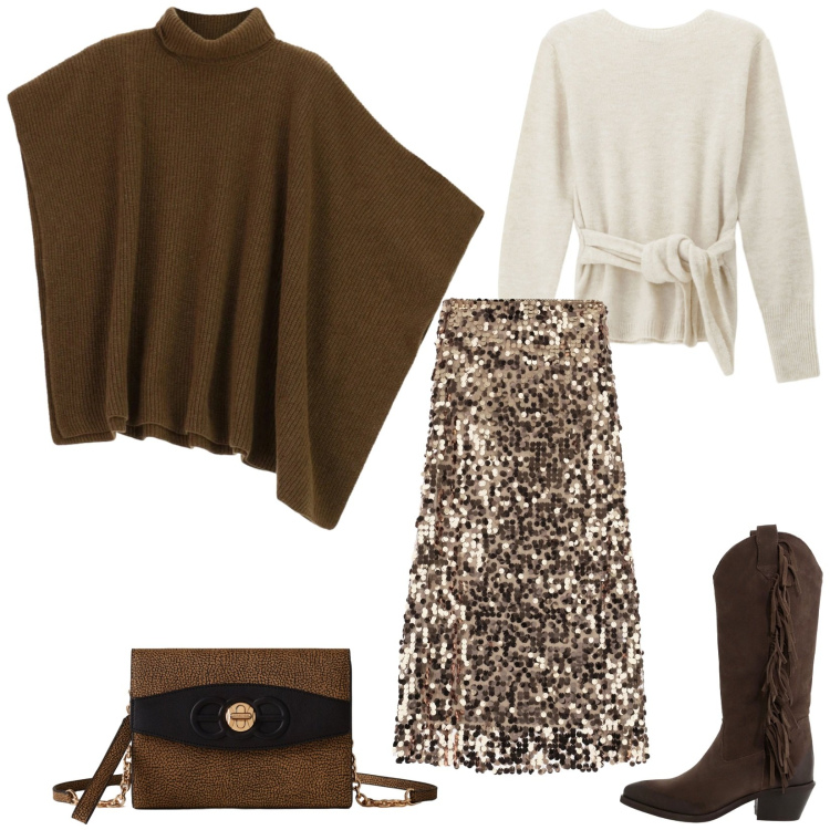 Outfit donna - Paillettes per le feste. Stile Chic per Serata fuori. Abbinamento con borse a tracolla, gonne lunghe, stivali, maglieria, maglieria.