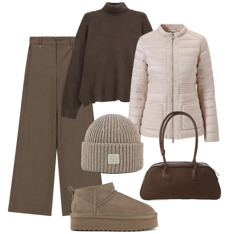 Outfit donna - Tonalità calde. Stile Casual chic per Tutti i giorni. Abbinamento con piumini, pantaloni a palazzo, maglieria, borse a mano, cappelli, stivaletti.