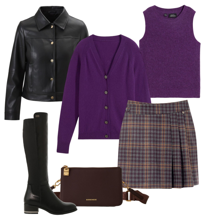 Outfit donna - Twinset purple. Stile Casual chic per Tutti i giorni. Abbinamento con maglieria, cardigans, minigonne, giacche, stivali sopra il ginocchio, borse a tracolla.